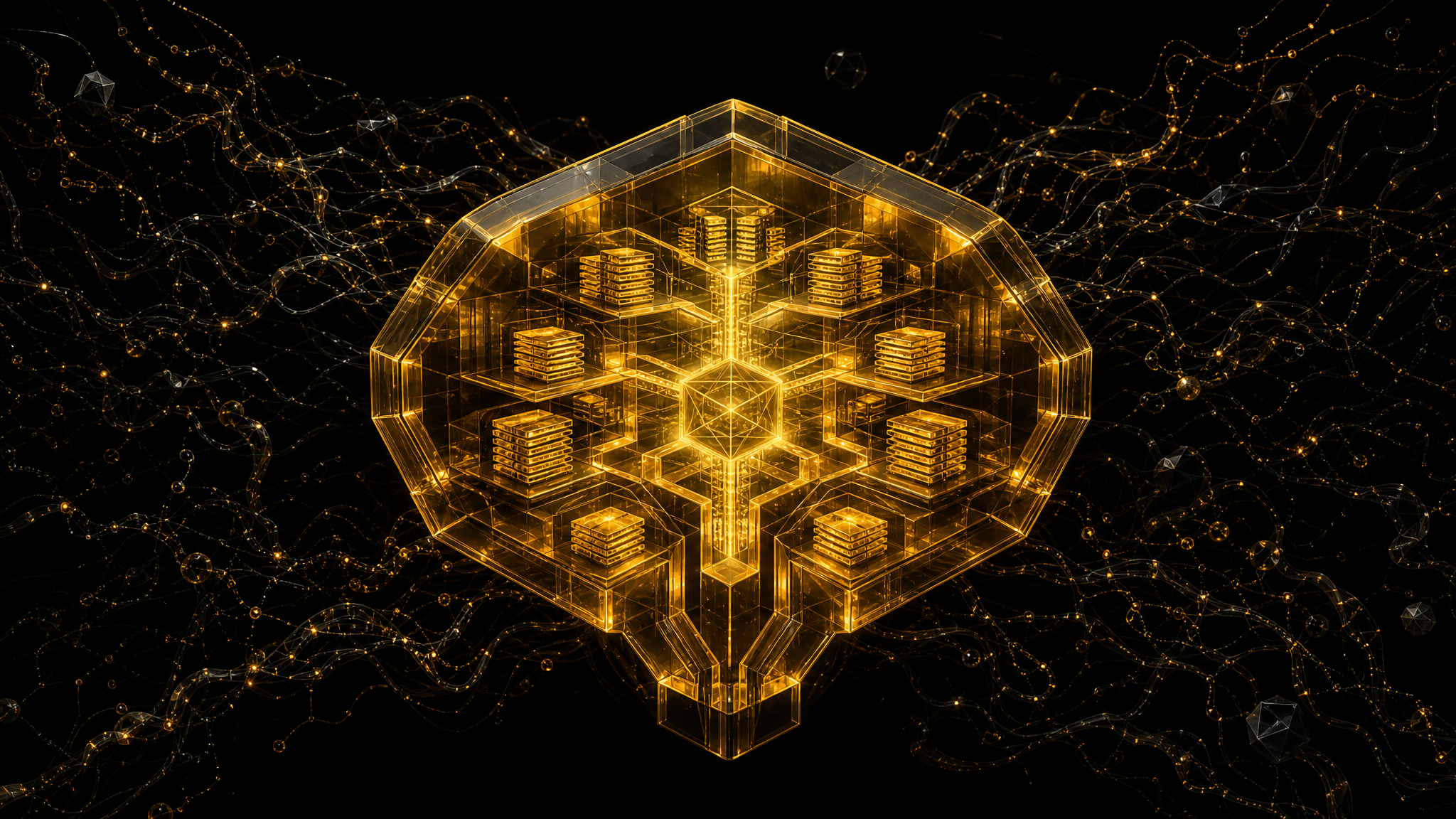 Goldener geometrischer Wissenstresor mit geordneten Schichten im Zentrum, umgeben von chaotischen unkontrollierten Datenströmen in der Dunkelheit – Metapher für kontrollierte Company-Brain-Architektur versus unkontrollierte autonome Agenten