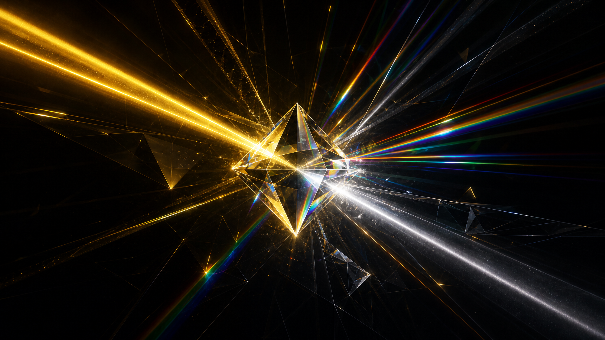 Zwei konvergierende Lichtstrahlen treffen auf ein kristallines Prisma und brechen in viele fragmentierte Dimensionen auf – Metapher für die Mehrdimensionalität realer Arbeitsfähigkeit jenseits eindimensionaler KI-Benchmarks