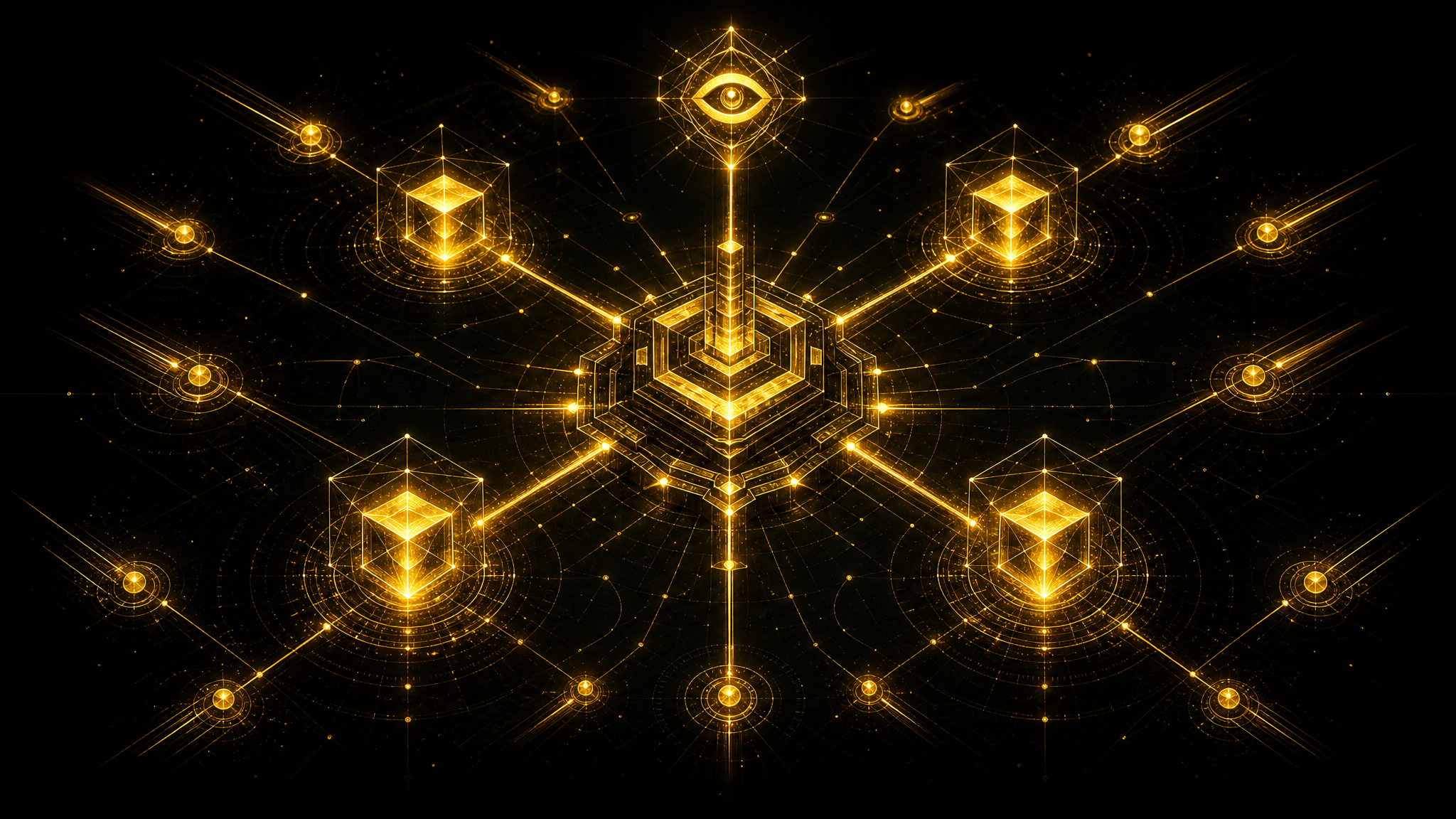 Goldene Schaltzentrale mit orchestriertem Netzwerk aus leuchtenden geometrischen Knoten – Metapher für Multi-Modell-Orchestrierung mit Planner, Executor und Reviewer in einem KI-Arbeitssystem