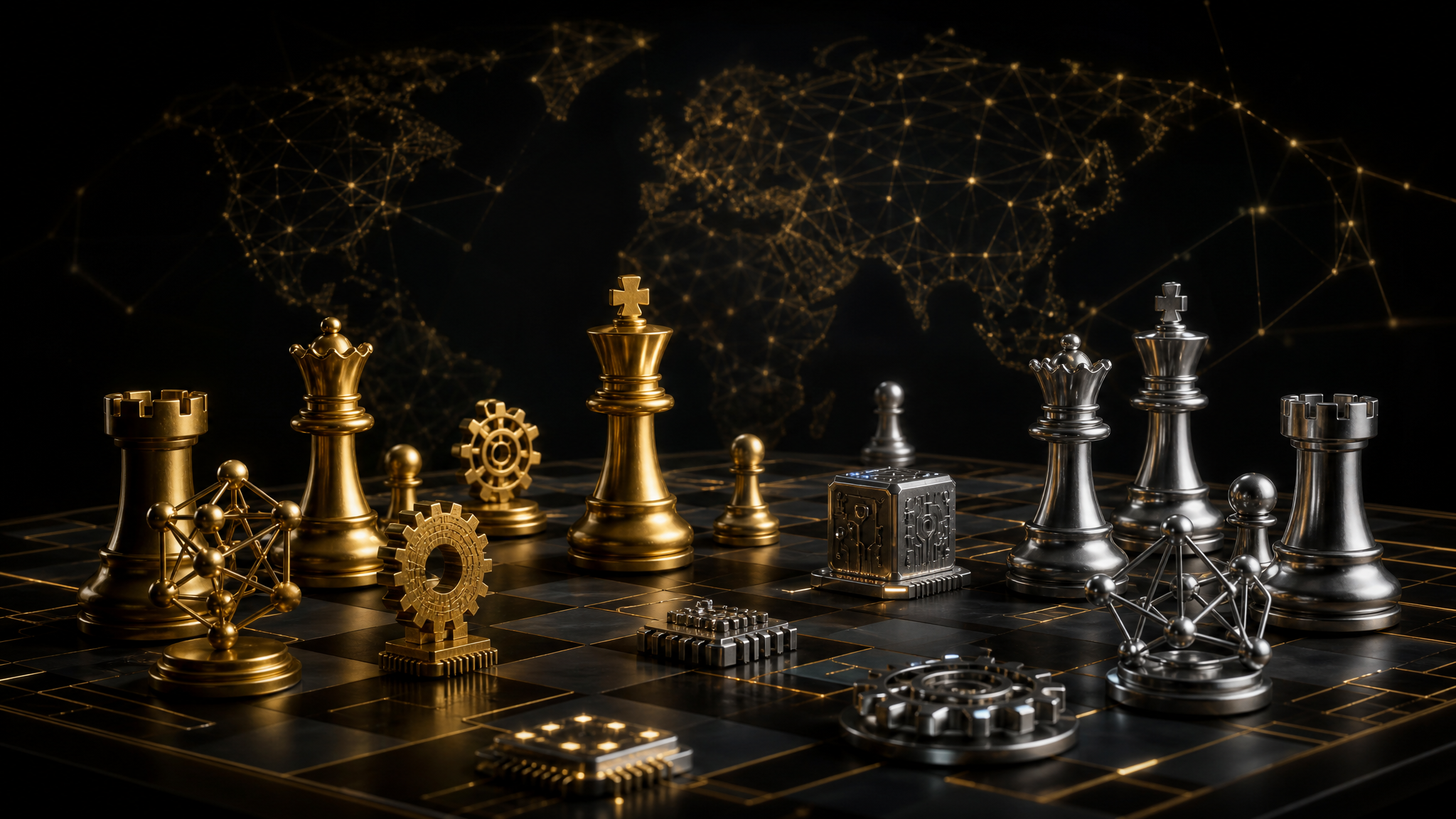 Abstraktes goldenes Schachbrett mit klassischen Figuren und KI-Agenten-Symbolen vor dezenter Weltkarte – Sinnbild für Geopolitik, Arbeitsmarkt und KI als strategische Systemkraft